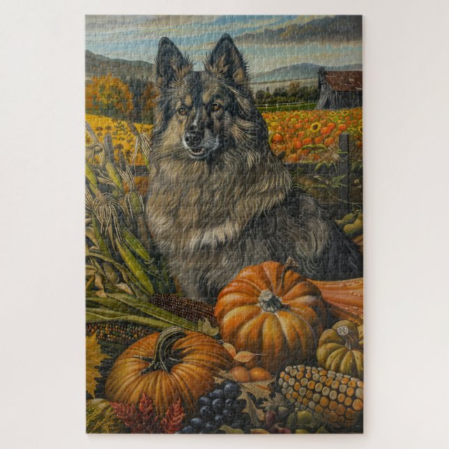 Keeshond Dog Autumn Harvest Thanksgiving Jigsaw Puzzle (Vertical)