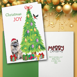 Keeshond Dog, Bird and Christmas Tree Holiday Card