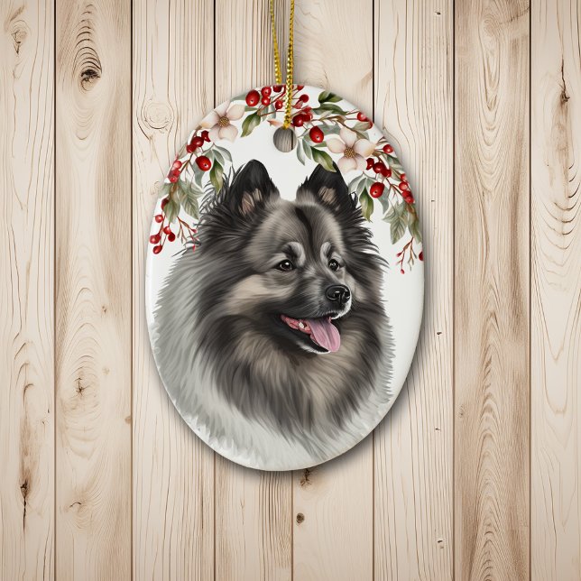 Keeshond Dog Holly Berry Christmas Ceramic Tree Decoration (Creator Uploaded)