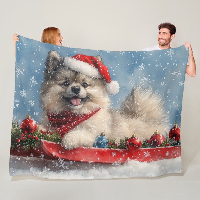 Keeshond Dog in Sledge Let it Snow Christmas Fleece Blanket (In Situ)