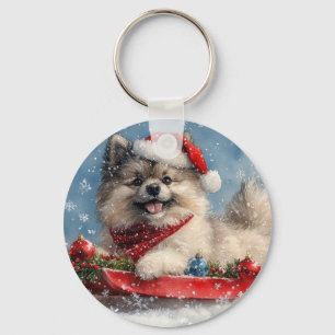Keeshond Dog in Sledge Let it Snow Christmas Key Ring