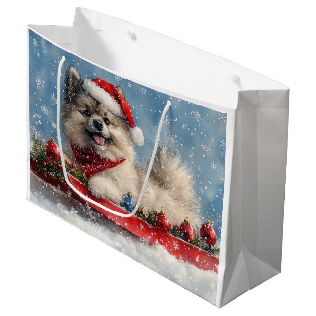 Keeshond Dog in Sledge Let it Snow Christmas Large Gift Bag (Front Angled)