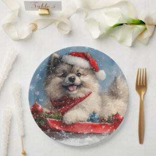 Keeshond Dog in Sledge Let it Snow Christmas Paper Plate