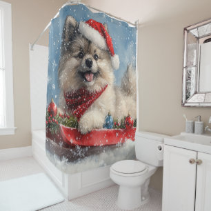 Keeshond Dog in Sledge Let it Snow Christmas Shower Curtain