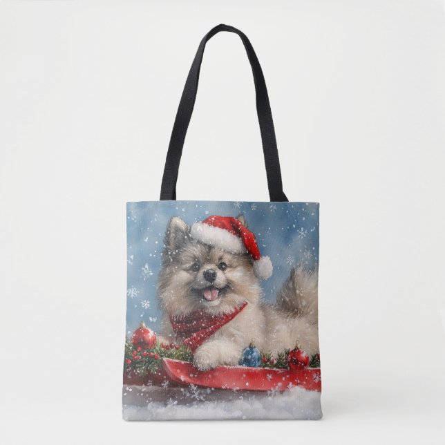 Keeshond Dog in Sledge Let it Snow Christmas Tote Bag (Front)