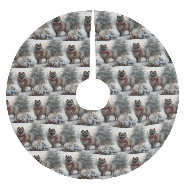 Keeshond Dog in Snow Christmas Brushed Polyester Tree Skirt (Front)