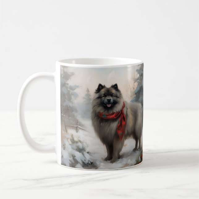 Keeshond Dog in Snow Christmas Coffee Mug (Left)