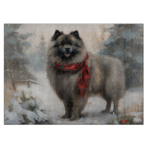 Keeshond Dog in Snow Christmas Cutting Board
