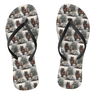 Keeshond Dog in Snow Christmas Jandals