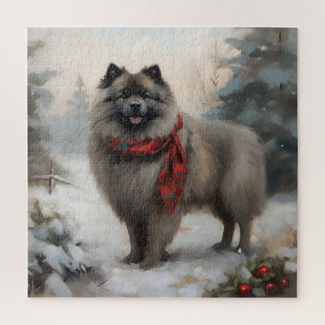 Keeshond Dog in Snow Christmas Jigsaw Puzzle (Vertical)