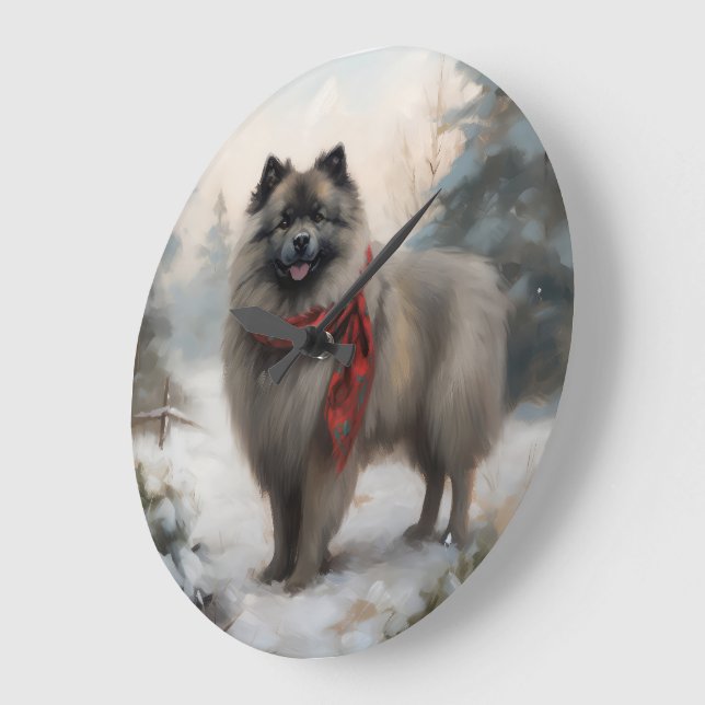 Keeshond Dog in Snow Christmas Large Clock (Angle)