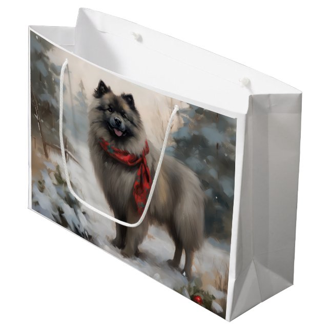 Keeshond Dog in Snow Christmas Large Gift Bag (Front Angled)