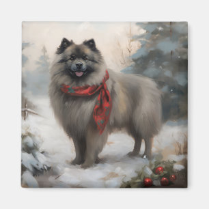 Keeshond Dog in Snow Christmas Magnet
