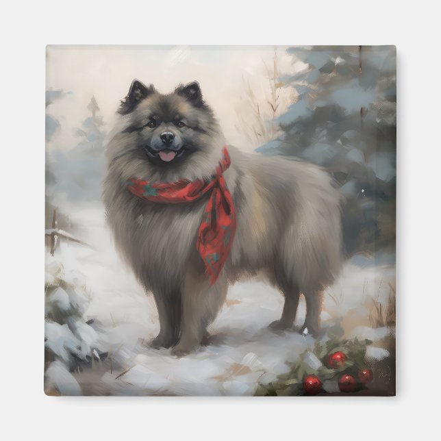 Keeshond Dog in Snow Christmas Magnet (Front)