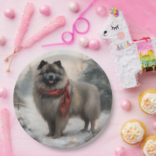 Keeshond Dog in Snow Christmas Paper Plate
