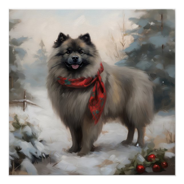 Keeshond Dog in Snow Christmas Poster (Front)