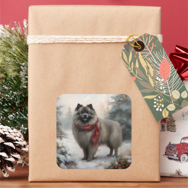 Keeshond Dog in Snow Christmas Square Sticker (Holiday)