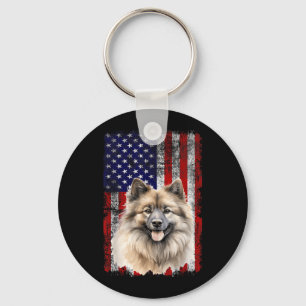 Keeshond Dog Lover US Flag 4th of July Patriotic Key Ring