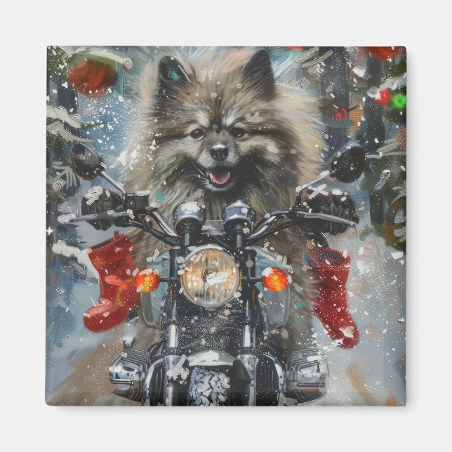 Keeshond Dog Riding Motorcycle Christmas Magnet (Front)