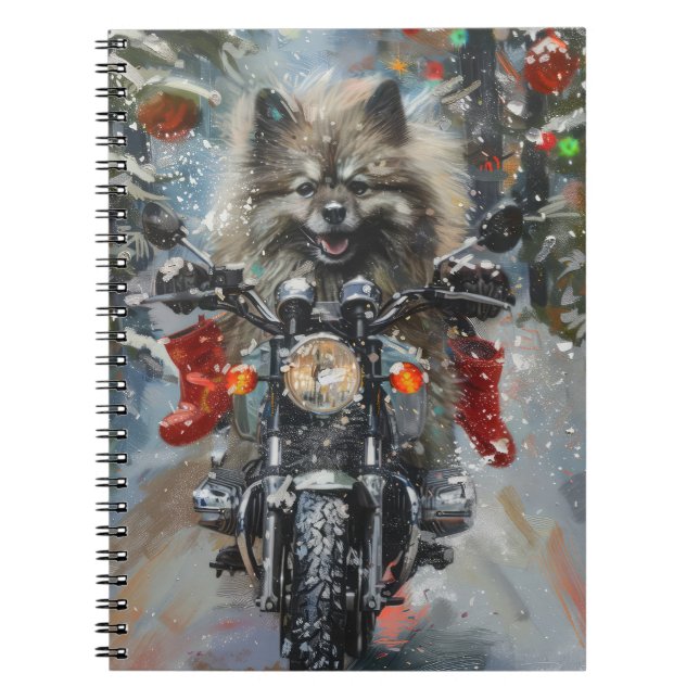 Keeshond Dog Riding Motorcycle Christmas Notebook (Front)