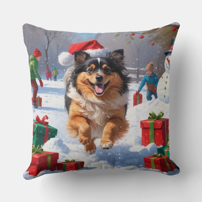 Keeshond Dog Running in Snow with Christmas Hat Cushion (Back)