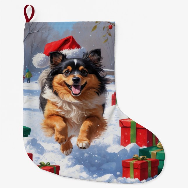 Keeshond Dog Running in Snow with Christmas Hat Large Christmas Stocking (Front)