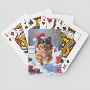 Keeshond Dog Running in Snow with Christmas Hat Playing Cards