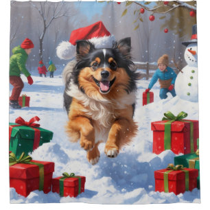 Keeshond Dog Running in Snow with Christmas Hat Shower Curtain
