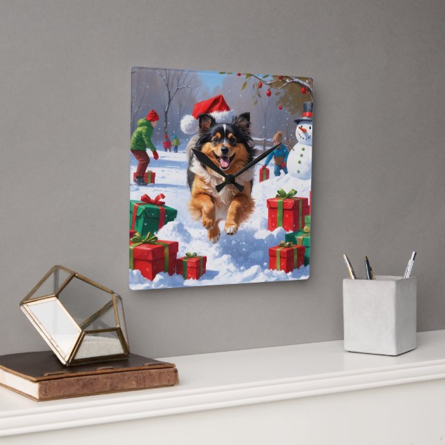 Keeshond Dog Running in Snow with Christmas Hat Square Wall Clock (Office)