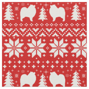 Keeshond Dog Silhouettes Christmas Holiday Red Fabric