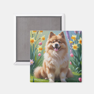 Keeshond Dog Spring Flowers Painting  Magnet