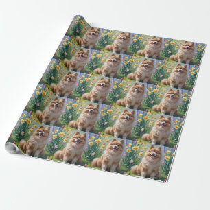 Keeshond Dog Spring Flowers Painting  Wrapping Paper