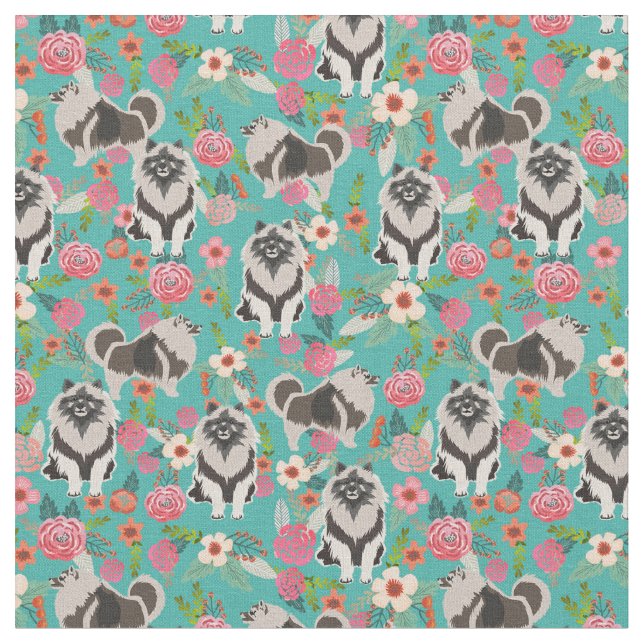 keeshond dog vintage floral turquoise fabric (Close Up)