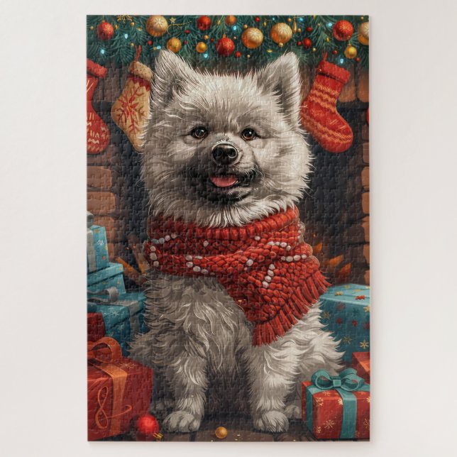 Keeshond Dog With Christmas Gifts Fireplace Jigsaw Puzzle (Vertical)