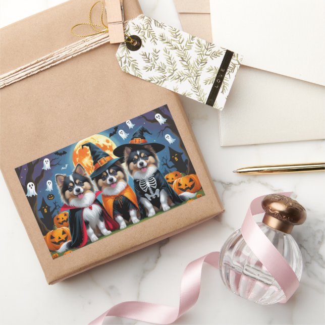 Keeshond Dogs Pumpkin Halloween Funny Rectangular Sticker (Gifting)