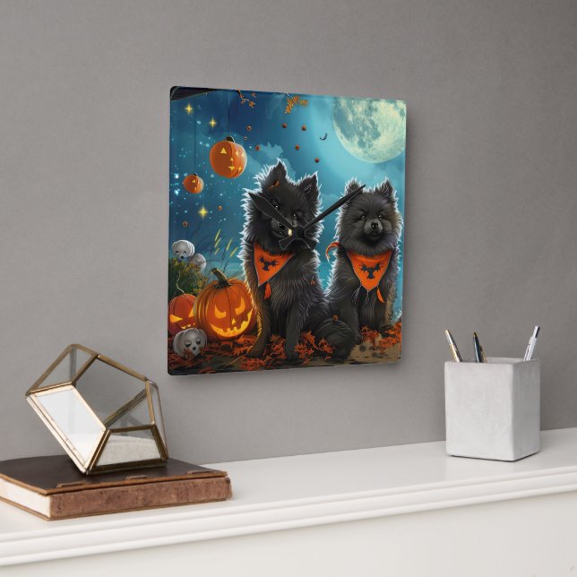 Keeshond Halloween Spooky Square Wall Clock (Office)