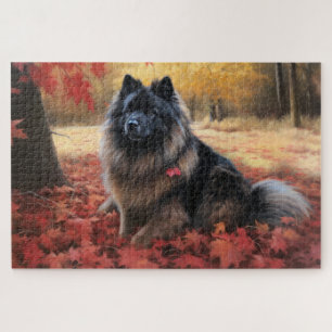 Keeshond in Autumn Leaves Fall Inspire  Jigsaw Puzzle