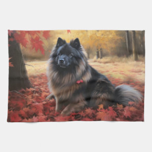 Keeshond in Autumn Leaves Fall Inspire  Tea Towel