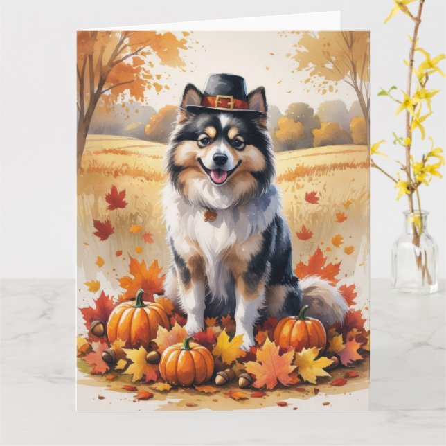 Keeshond In Autumn Leaves Thanksgiving Art Card (Yellow Flower)