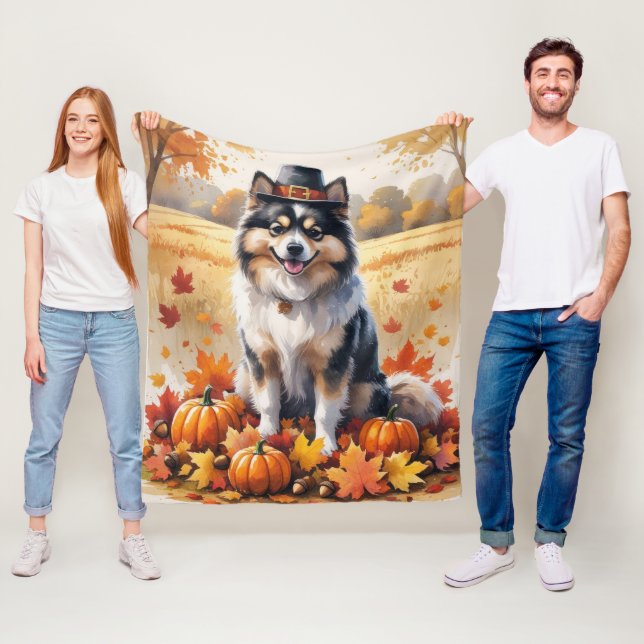 Keeshond In Autumn Leaves Thanksgiving Art Fleece Blanket (In Situ)