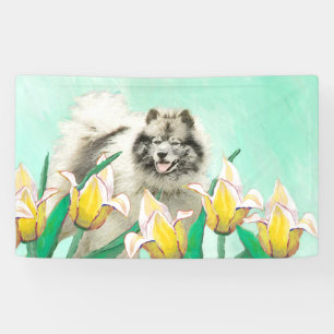 Keeshond in Tulips Painting Cute Original Dog Art Banner