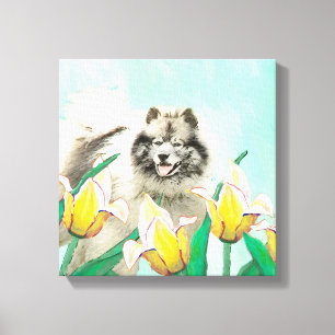 Keeshond in Tulips Painting Cute Original Dog Art Canvas Print