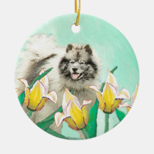 Keeshond in Tulips Painting Cute Original Dog Art Ceramic Tree Decoration