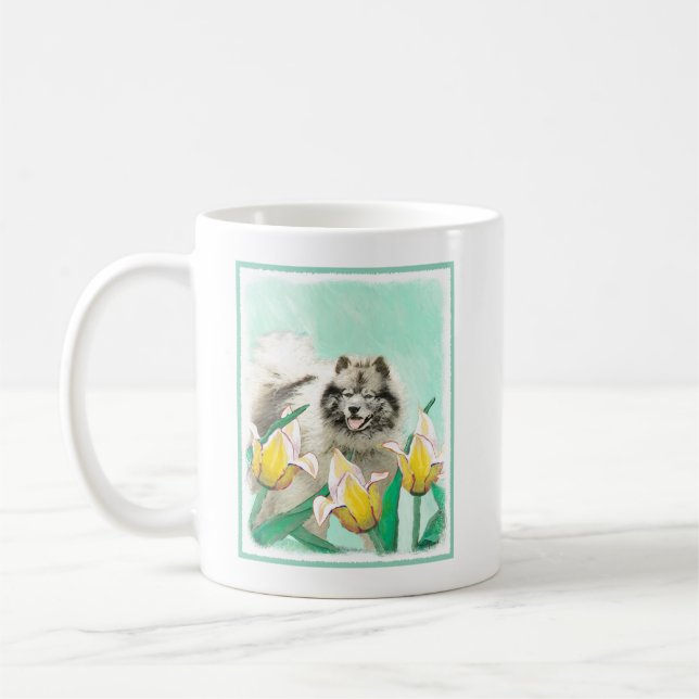 Keeshond in Tulips Painting Cute Original Dog Art Coffee Mug (Left)
