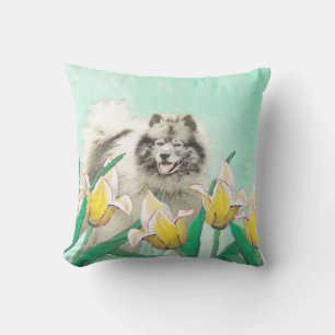 Keeshond in Tulips Painting Cute Original Dog Art Cushion