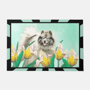 Keeshond in Tulips Painting Cute Original Dog Art Doormat
