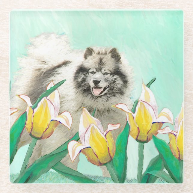 Keeshond in Tulips Painting Cute Original Dog Art Glass Coaster (Front)