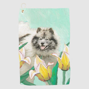 Keeshond in Tulips Painting Cute Original Dog Art Golf Towel