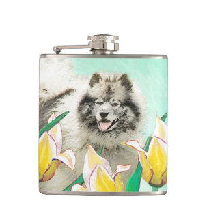 Keeshond in Tulips Painting Cute Original Dog Art Hip Flask
