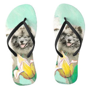 Keeshond in Tulips Painting Cute Original Dog Art Jandals